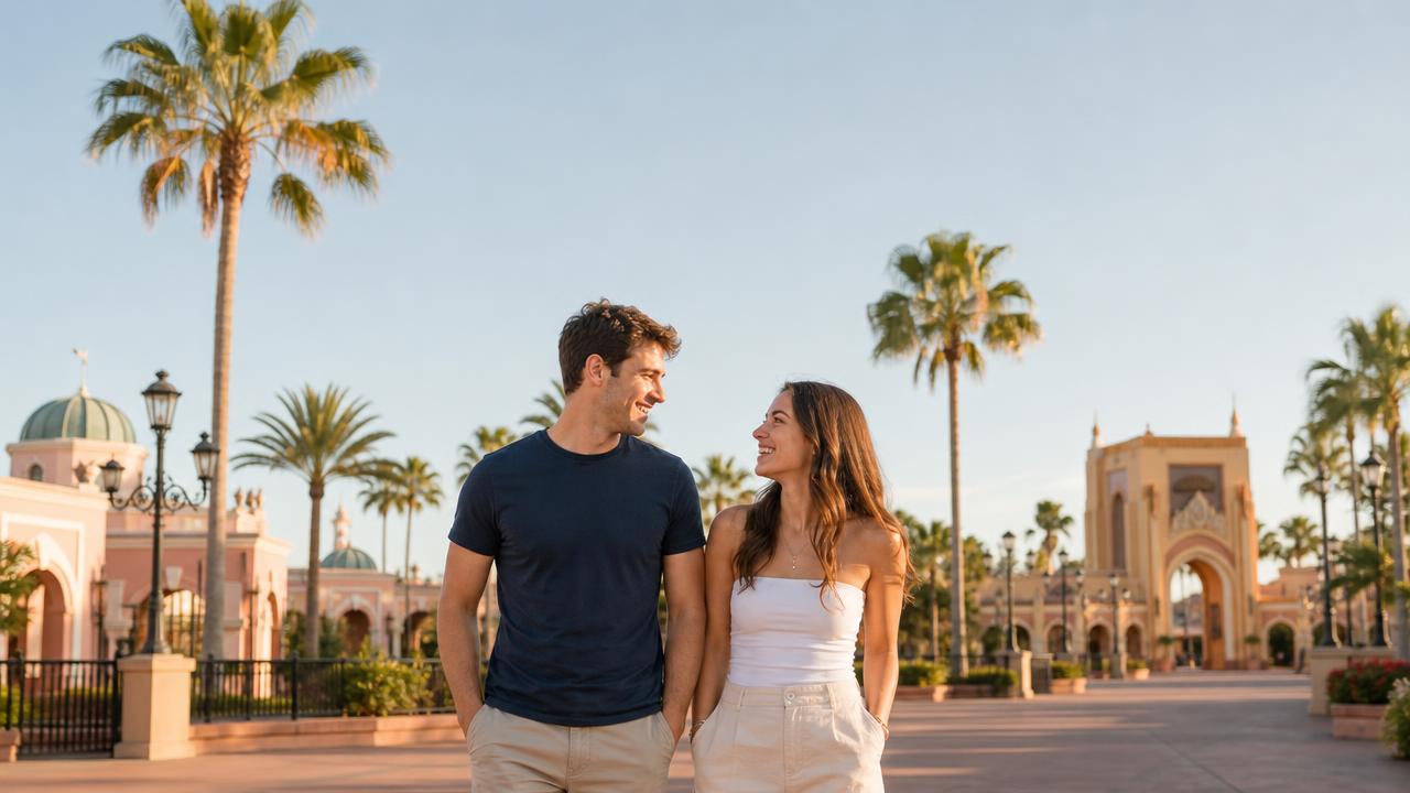 A couple planning their Florida trip together at a theme park