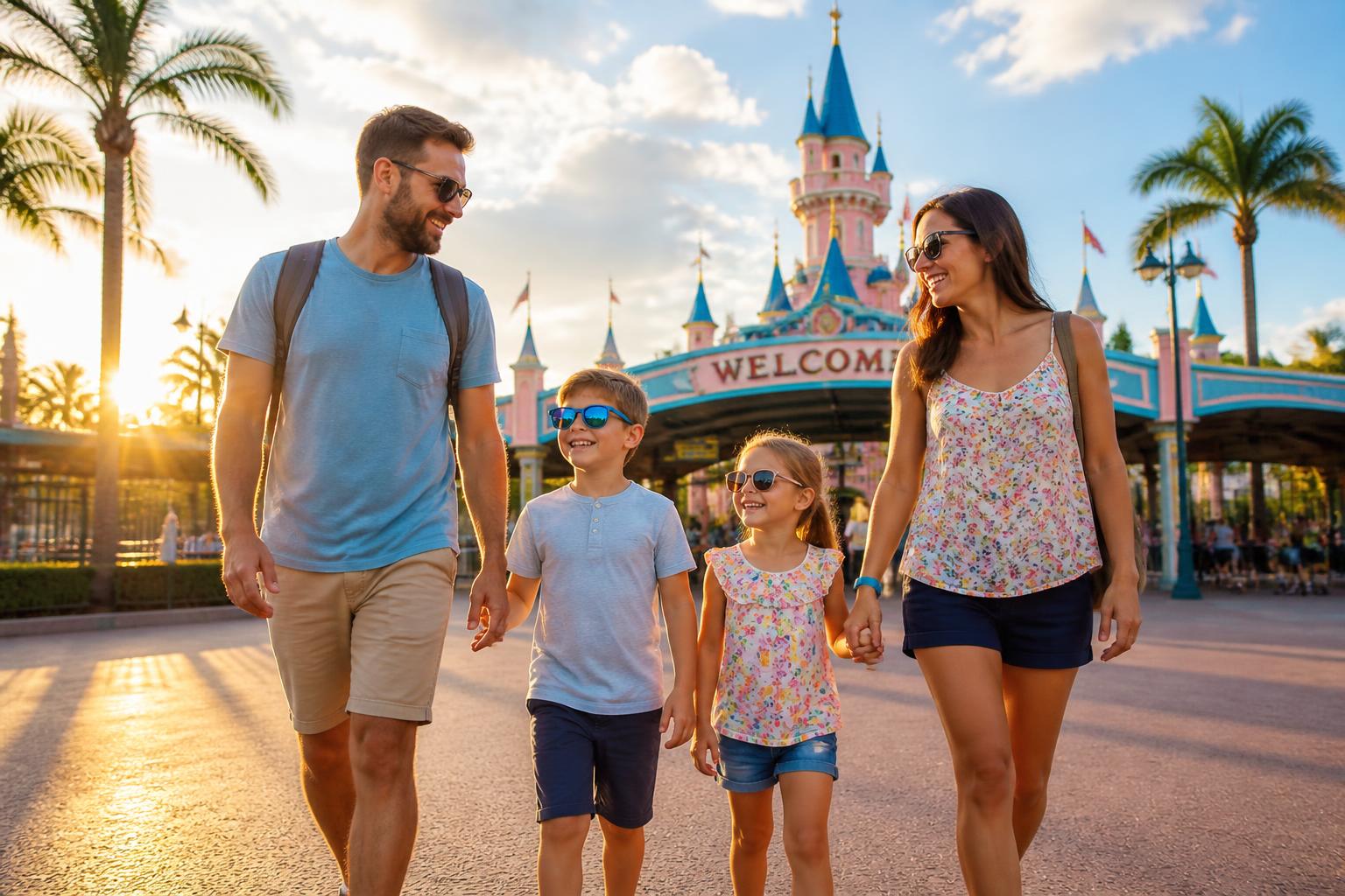 A family of four walking into a Florida theme park together